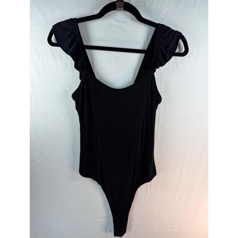 Stillwater Black Ribbed Ruffle Shoulder Open Back Bodysuit Womens Small